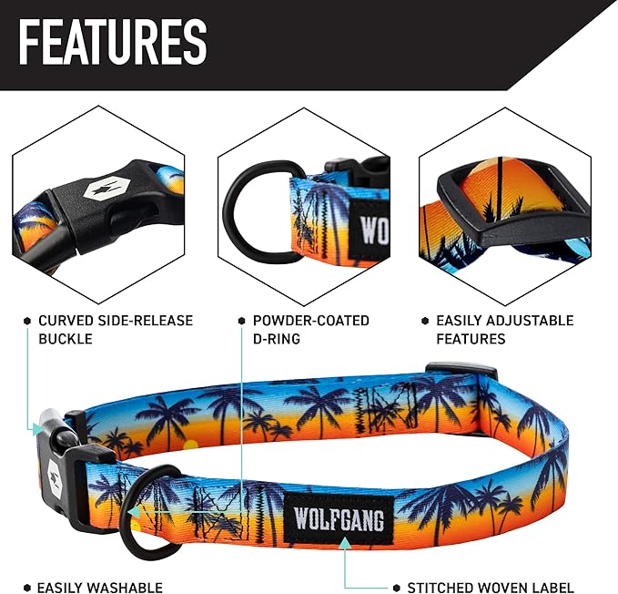 Wolfgang Heavy Duty Martingale Dog Collar with Quick Release Nylon Buckle for Walking & Training, SunsetPalms Print, Medium