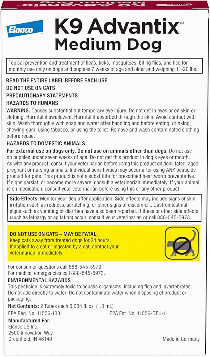 K9 Advantix Flea, Tick & Mosquito Prevention for Dogs 11-20 lbs. Flea Drops for Medium Dogs Apply Monthly 2 Treatments (Pack of 2)