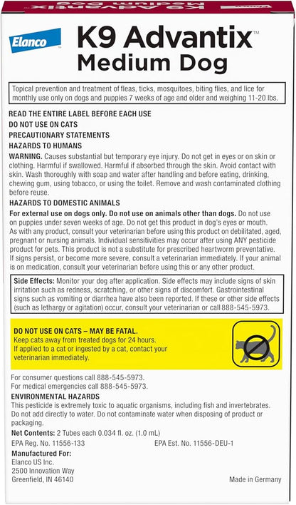 K9 Advantix Flea, Tick & Mosquito Prevention for Dogs 11-20 lbs. Flea Drops for Medium Dogs Apply Monthly 2 Treatments (Pack of 2)