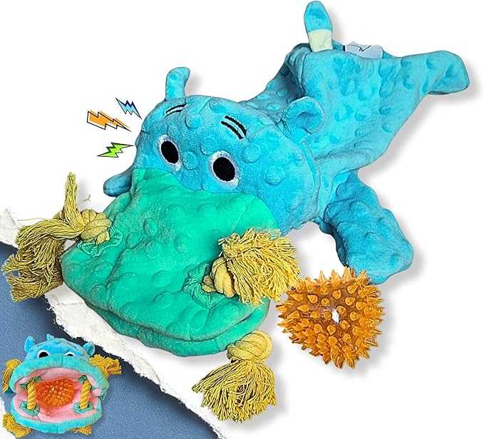 4 in 1 Squeaky Dog Toy-No Stuffing Dog Toy with Ropes,Squeaker & Surprise play item inside for Small Medium Large Breed-Dog Tug Toy,Dog Chew Toy for Cuddling& Playing,Soft Blue Plush Hippo in Gift Box