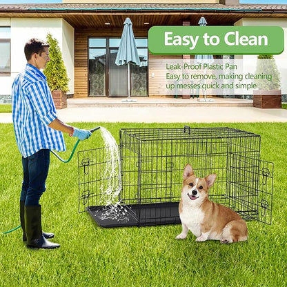 Dog Crate, 24/30/36/42/48 Inch Dog Crates for Small Medium Large Dogs Indoor, Folding Metal Dog Kennel Dog Cage with Double-Door, Divider Panel, Removable Tray, Locks and Handle, (36 Inch, Black)