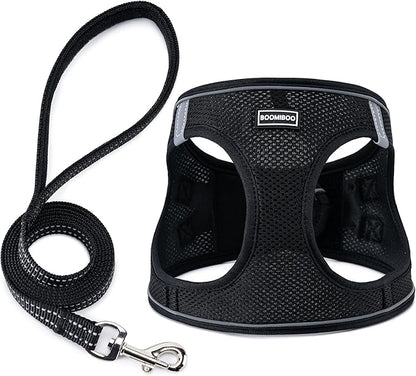 BOOMIBOO Dog Harness with Leash Set, No Pull Adjustable Reflective Step-in Puppy Pet Vest Harnesses for Small Medium Large Dogs and Cats,Black XS