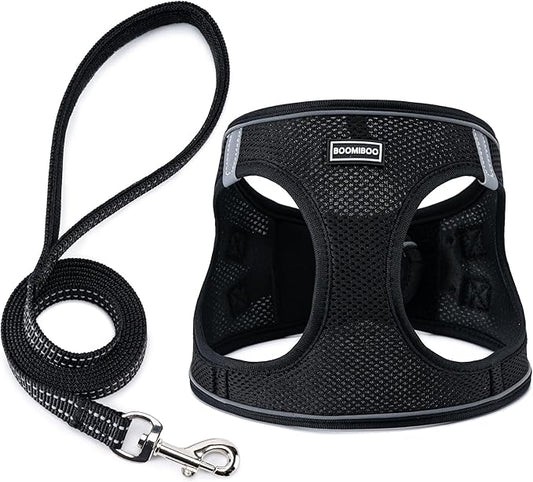 BOOMIBOO Dog Harness with Leash Set, No Pull Adjustable Reflective Step-in Puppy Pet Vest Harnesses for Small Medium Large Dogs and Cats,Black XXS