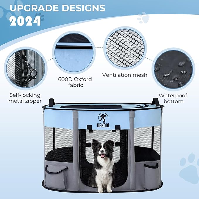 Foldable Dog Cat Playpen, Portable Dog Crate for Puppies, Cat, Puppy Play Pen for Indoors, Kennel Tent Crate for Indoor Outdoor Travel Camping Use with Carrying Case (Blue, L)