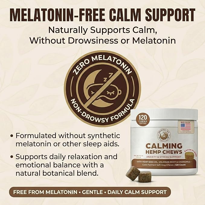 Bacon Calming Bites for Dogs - Separation Anxiety Relief & Stress Support - Hemp Calming Treats for Dogs - No Melatonin - 120 Bacon Flavor Soft Chews