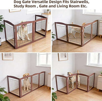 ZJSF Freestanding Foldable Dog Gate for House Extra Wide Wooden Brown Puppy Gate Stairs Dog Gates Doorways Tall Pet Gate 24 "Height 4 Panels Pet Fence