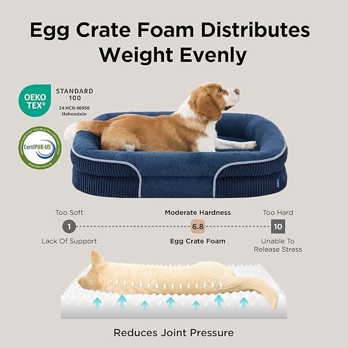 Bedsure Orthopedic Dog Beds Large Sized Dog - 360° Oval Bolster Large Dogs Bed for Senior Dogs with Waterproof Washable Cover, Big Comfort Pet Sofa Couch with Ultra-Soft Fleece, Navy Blue, 35"