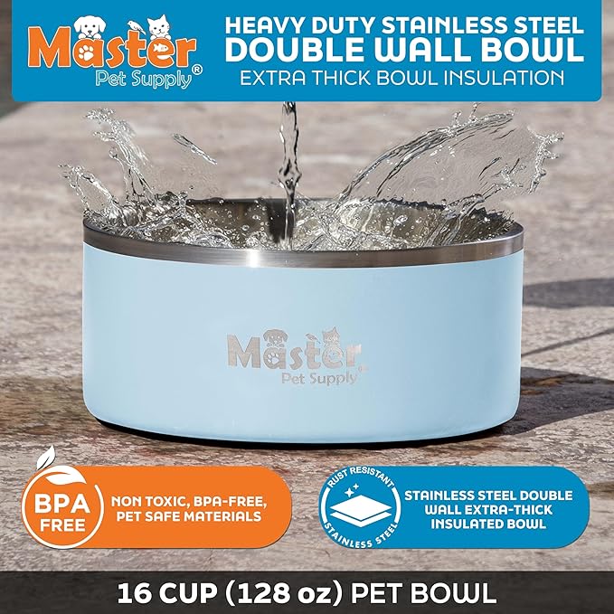 Master Pet Supply Stainless Steel Dog Bowls - 128 oz, Heavy Duty - Glacier Blue, Double Wall Extra-Thick Insulated, Non-Slip Pet Water Bowl for Dogs, Cats & Pets, Anti Rust Metal, Dish Washer Safe