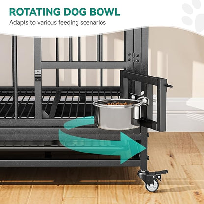 YITAHOME 37.5'' Heavy Duty Dog Crate with Removable Divider, Double Doors & Locks Design, Furniture Style Large Dog Crate with 360° Rotatable Dog Bowls & 360° Wheels & 2 Trays for Small Dog