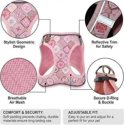 Mihqy Step in Dog Harness and Leash Set, Reflective Adjustable No Pull Dog Harness for Extra-Small/Small Dogs Puppy and Cats, Soft Padded Mesh Vest Harnesses for Girl and Boy Pets(Pink Grid,XS)