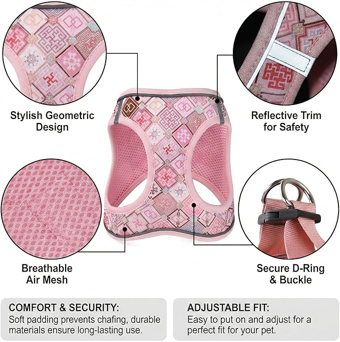 Mihqy Step in Dog Harness and Leash Set, Reflective Adjustable No Pull Dog Harness for Small Medium Dogs Puppy and Cats, Soft Padded Mesh Vest Harnesses for Girl and Boy Pets(Pink Grid,L)