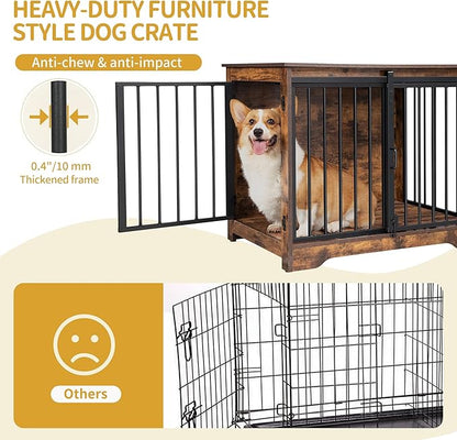 Hzuaneri 31.9" Dog Crate Furniture with Barn Door, Heavy Duty Dog Kennel Indoor with 2 Doors, Wooden Pet Cage End Table for Small Medium Dogs up to 44 lb, Anti-Chew Anti-Escape, Rustic Brown DFC83601B