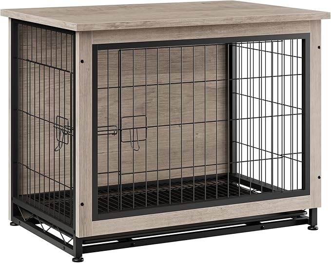 Vongrasig Dog Crate Furniture, Side End Table, Modern Wooden Kennel for Dogs Indoor, Heavy-Duty Dog Cage with Multi-Purpose Removable Tray, Double-Door Dog House, Grey