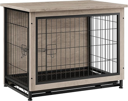 Vongrasig Dog Crate Furniture, Side End Table, Modern Wooden Kennel for Dogs Indoor, Heavy-Duty Dog Cage with Multi-Purpose Removable Tray, Double-Door Dog House, Grey