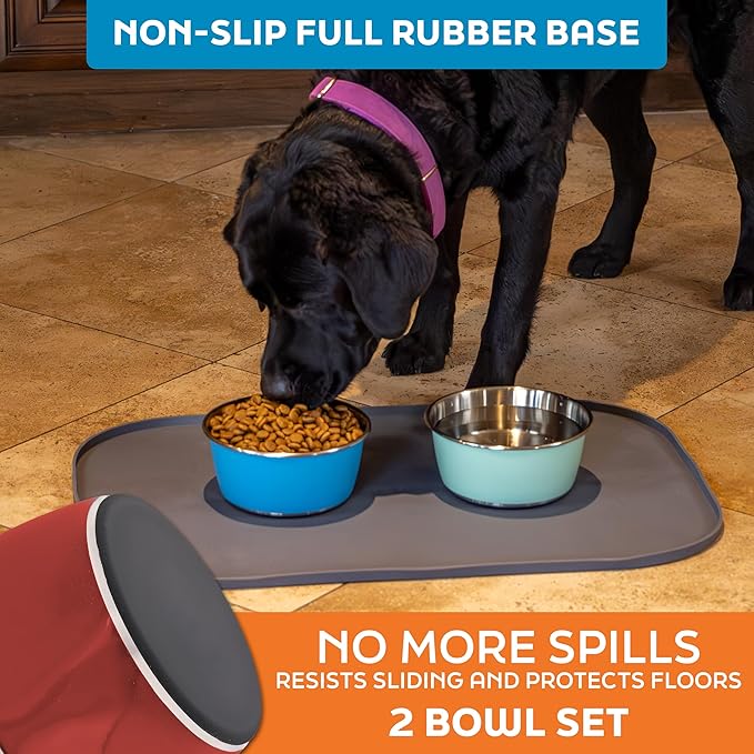 Master Pet Supply Stainless Steel Dog Bowls Set of 2 (32 Oz Each) with Non-Slip Rubber Base - Crimson Flame - Basic Dog Food Bowl Water & Food Bowls for Small Medium Large Dogs & Cats, Metal Dish
