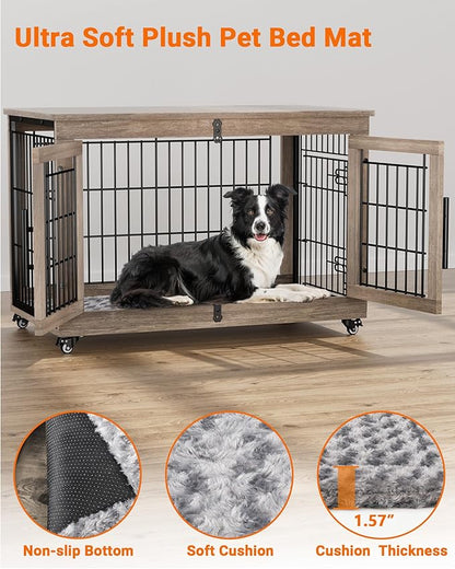 Dog Crate Furniture with Cushion, Large Wooden Dog Kennel Indoor with Double Doors, Dog Cage with Wheels, Dog House Side End Table for Large Medium Dogs up to 70 lb, 38.5” L, Grey