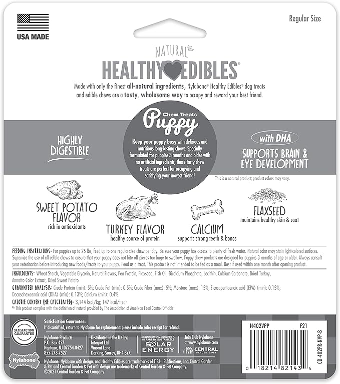 Nylabone Healthy Edibles Natural Puppy Chews Long Lasting Treats for Puppies, Turkey & Sweet Potato Flavor, Small/Regular (3 Count)