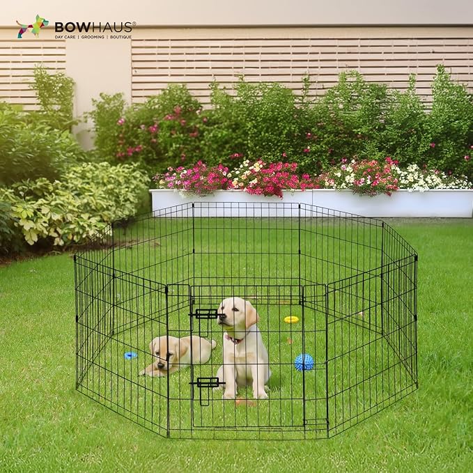 BOWHAUS Foldable Outdoor/Indoor Pet Playpen with Gate, Available in 36 Inch Height Metal Portable Kennel, Heavy-Duty Exercise Fence Cage 8 Panels for Large Dog, Animals