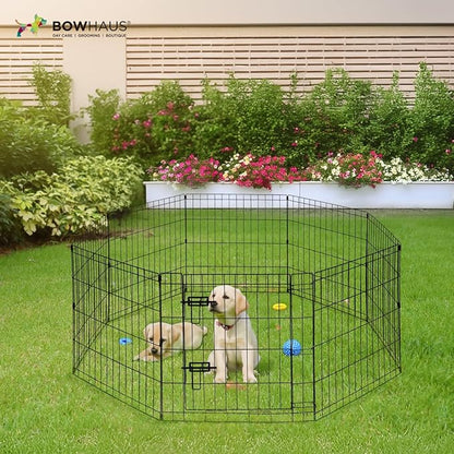 BOWHAUS Foldable Outdoor/Indoor Pet Playpen with Gate, Available in 24 Inch Height Metal Portable Kennel, Heavy-Duty Exercise Fence Cage 8 Panels for Small Dog, Animals