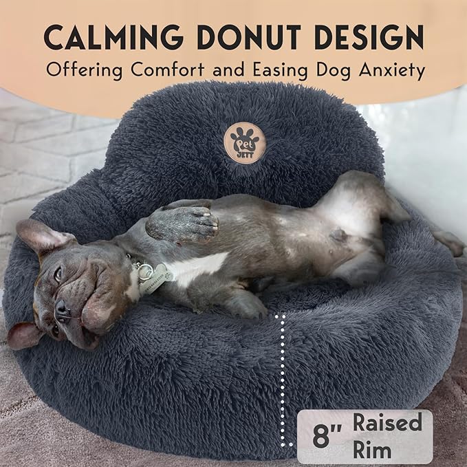 PetJett Small Dog Bed - 23'' Round Dog Beds, Calming Puppy Bed - Anti-Slip & Washable Super Soft Fluffy Plush Faux Fur Pet Bed, Anti-Anxiety Premium Comfort Donut Bed, Fits Dogs upto 25 lbs, Dark Gray