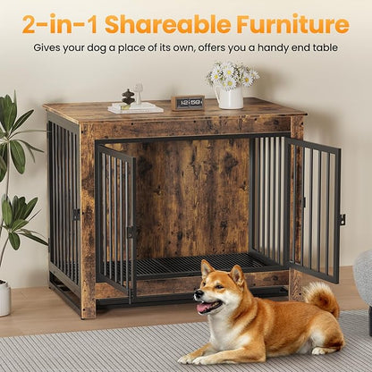 Derfullo Dog Crate Furniture, 38 Inch Indoor Dog Kennel for Medium Dogs Up to 50 LBS, Heavy Duty Wooden Pet Cage End Table with 3 Doors, Alloy Steel Frame & Removable Tray