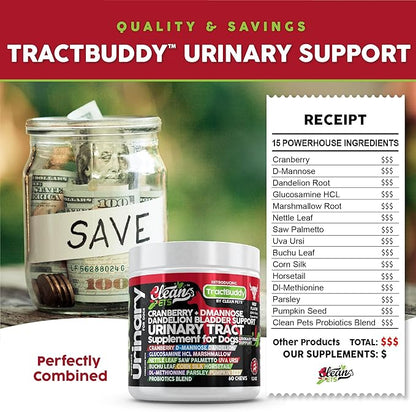 Clean Pets Cranberry for Dogs Urinary Tract Support | D-Mannose UTI Bladder Stones Dandelion Glucosamine HCL Marshmallow Nettle Leaf Saw Palmetto Uva Ursi Buchu Horsetail Methionine Parsley Supplement
