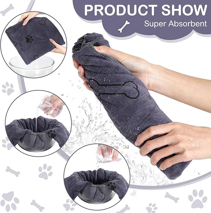 Chumia 8 Pcs Dog Towels for Drying Dogs Cats Pet Towels Bulk Puppy Microfiber Fast Drying Paw Bath Bathing Supplies Absorbent for Medium Pets(55 x 28 Inch,Dog Paw and Bone,Gray)