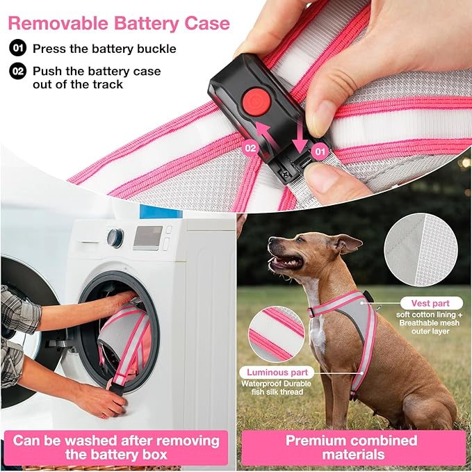 ChalkLit Light Up Dog Harness, No Pull Led Dog Harness Glow-in-The-Dark for Night Walking, USB Rechargeable Lighted Safety Vest for Medium Large Dogs, Adjustable Soft Mesh Fully Illuminated (Pink, M)