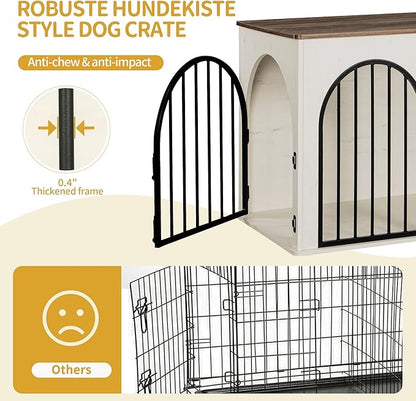 Hzuaneri 44.1" Wooden Dog Crate Furniture, Indoor Dog Kennel Dogs Cage for Small/Medium/Large Dogs, Heavy Duty Dog Crates Decorative Pet House End Side Table TV Stand, White Brown DFC83914B