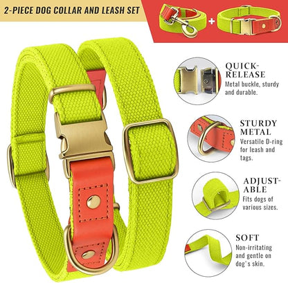 Dog Collar and Leash Set with Metal Quick Release Buckle, Adjustable, Breathable Nylon, Durable, Soft and Comfortable, No Pull for Walking and Training, Fluorescent Yellow, XL (16.9"-26")
