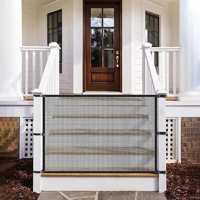 Dog Gate for Stairs Pet Gates for The House: Dogs Screen Mesh Gate for Doorways Stairways Indoor Safety 29 inches Tall, 38 inch Wide .6 Hooks !