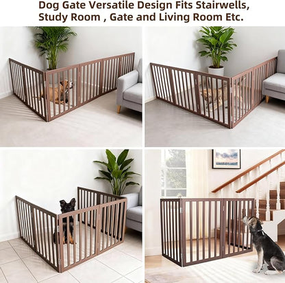 ZJSF Freestanding Indoor Dog Gate for House Foldable Wood Brown Puppy Gate for Doorways Pet Gate for Stairs Extra Wide Pet Fence 32" Height 6 Panels