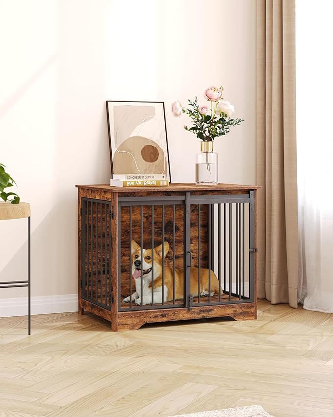 Hzuaneri 31.9" Dog Crate Furniture with Barn Door, Heavy Duty Dog Kennel Indoor with 2 Doors, Wooden Pet Cage End Table for Small Medium Dogs up to 44 lb, Anti-Chew Anti-Escape, Rustic Brown DFC83601B