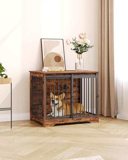 Hzuaneri 31.9" Dog Crate Furniture with Barn Door, Heavy Duty Dog Kennel Indoor with 2 Doors, Wooden Pet Cage End Table for Small Medium Dogs up to 44 lb, Anti-Chew Anti-Escape, Rustic Brown DFC83601B