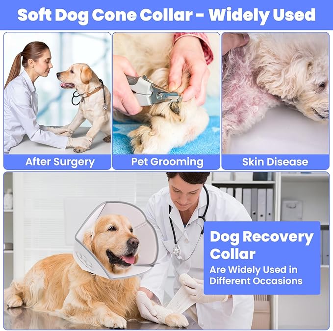 Soft Dog Cone Collar with Massage Points, Adjustable Recovery Collar for Large Dogs After Surgery to Stop Licking, Soothing Pet Cone for Wound Healing (Gray)