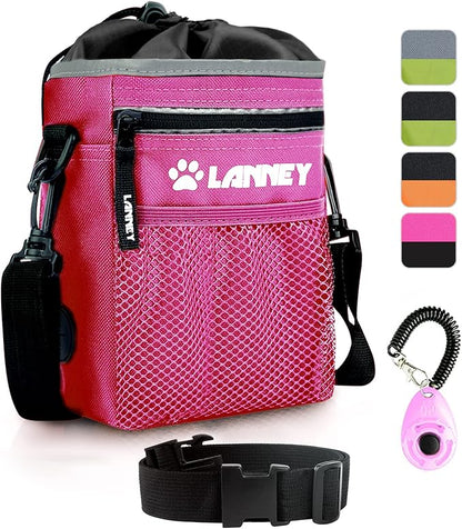 Dog Treat Pouch Pet Training Bag for Small to Large Dogs, Treat Tote Carry Kibble Snacks Toys for Training Reward Walking, Metal Clip, Waist belt, Shoulder Strap, Poop Bag Dispenser and Clicker