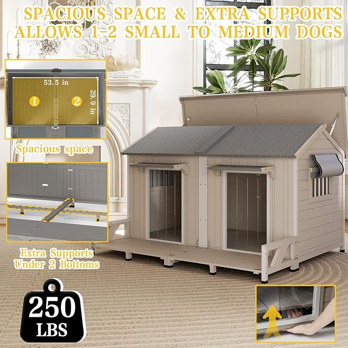 PetsCosset 59.4" L Large Dog House Outdoor & Indoor,Fir Wood Dog Kennel with Weatherproof Openable Asphalt Roof,Spacious Doghouse with Anti-Chewing Metal Edges for Small & Medium & Large Dogs,Grey