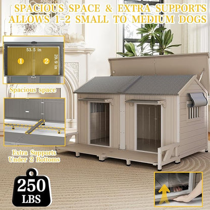 PetsCosset 59.4" L Large Dog House Outdoor & Indoor,Fir Wood Dog Kennel with Weatherproof Openable Asphalt Roof,Spacious Doghouse with Anti-Chewing Metal Edges for Small & Medium & Large Dogs,Grey