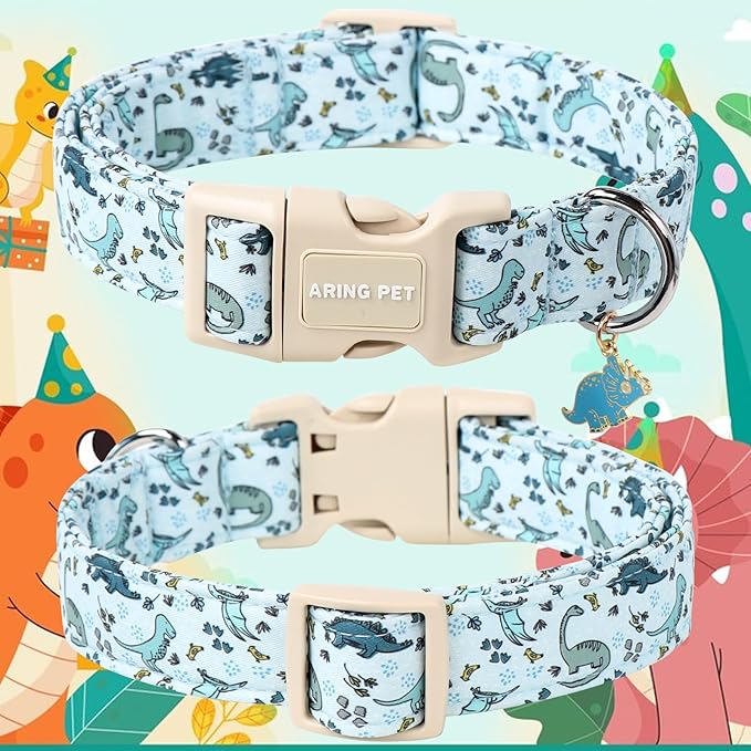 ARING PET Dinosaur Dog Collar, Blue Summer Pet Collars with Quick Release Buckle for Puppy Small Medium Large Boy Girl Dogs-XS