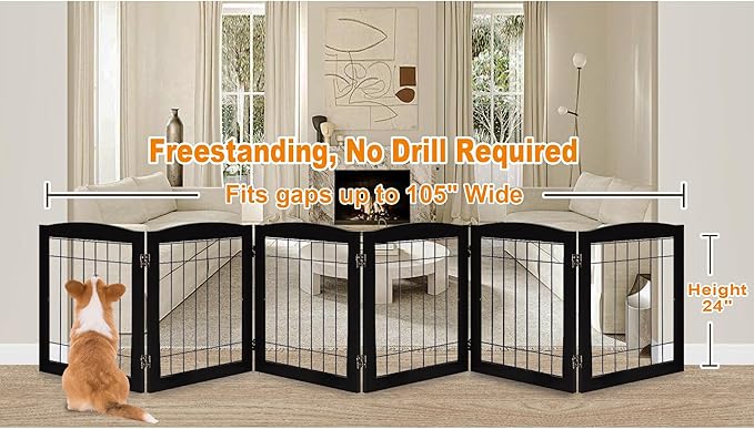 LZRS 6-Panel Extra Wide Wooden Freestanding Dog Gate: Foldable Solid Wood and Steel Wire Chew Resistant Safety Barrier for Doorways, Stairs, and Open Long Spaces Indoor Use, Black