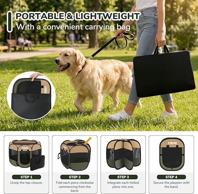 Dog Playpen, Portable Puppy Pet Crate Indoors for Small/Medium/Large Dogs Cats Rabbits, Foldable Dog Cage Enclosure for Outdoor, Pop Up Dogs Tent Kennel with Carrying Case, Olive Green