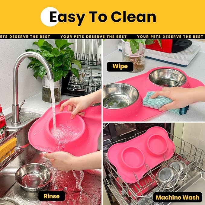 Conlun Dog Bowls with Non-Slip Silicone Mat, Spill Proof Large Food & Water Bowls Set, Easy Clean Dog Food Dish, Dishwasher Safe, Suitable for Dogs Cats Pet Under 90lbs, Large, Pink