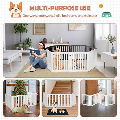 Dog Gate Pet Gate Indoor for Stairs Doorways 82x24 Inch 4 Panels Dog Fence Extra Wide Wooden White