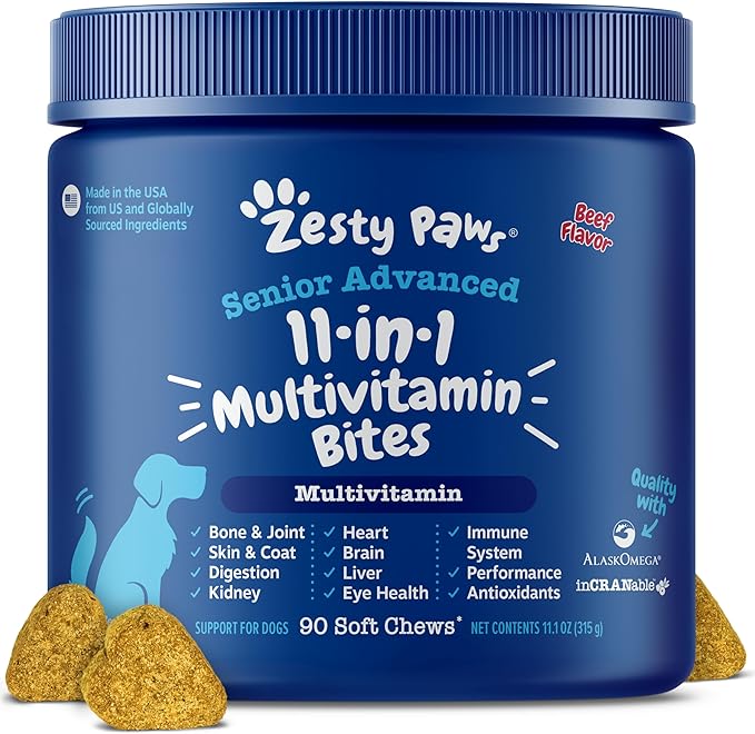 Zesty Paws Senior Dog Multivitamin Treats - Glucosamine for Dogs + Digestive Enzymes & Probiotics - Grain Free Dog Vitamins and Supplements for Skin & Coat + Immune Health Beef - Advanced - 90ct