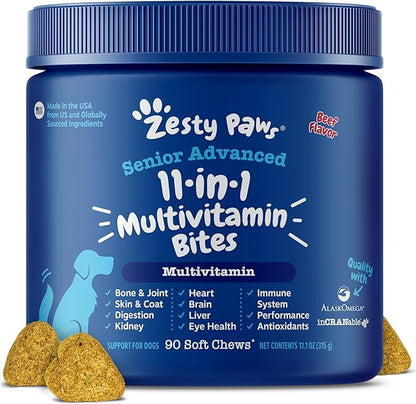 Zesty Paws Senior Dog Multivitamin Treats - Glucosamine for Dogs + Digestive Enzymes & Probiotics - Grain Free Dog Vitamins and Supplements for Skin & Coat + Immune Health Beef - Advanced - 90ct