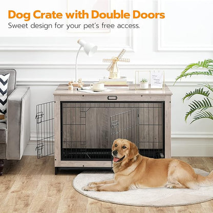 HOOBRO Dog Crate Furniture, 38.6" Large Dog Kennel Indoor, Wooden Cage with Pull-Out Tray, Double Doors Pet House Side End Table for Large/Medium/Small Dogs, Greige BG982GW03