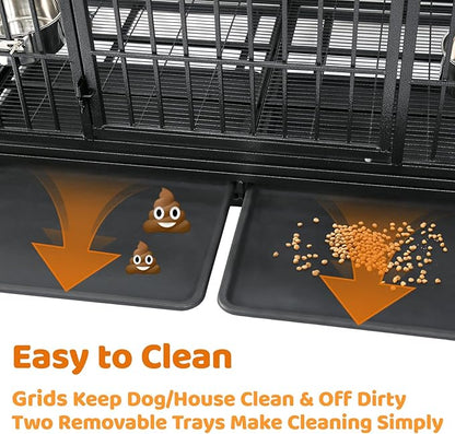 Homey Pet Two Tiers 47 Inch Heavy Duty Indestructible Dog Crate, Stackable Escape Proof Dog Cage Kennel Indoor with Two Removable Trays, Metal Grids, Wheels, Bowls, Double Doors for Large Dogs(6 Pack)