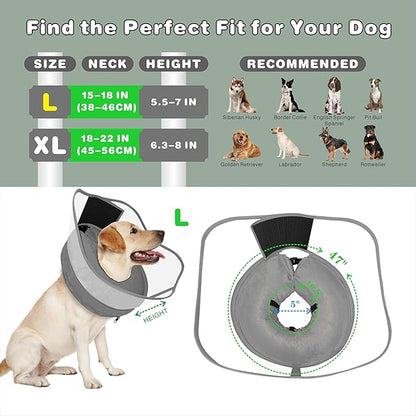 Inflatable Dog Cone with Transparent Shield, Large Size Protective Dog Donut Collar After Surgery Soft Donut Cone for Dogs, Gray, Large