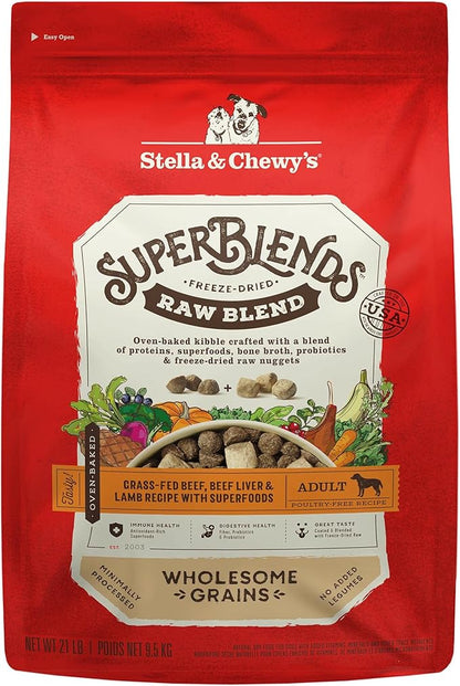 Stella & Chewy's SuperBlends Raw Blend Wholesome Grains Grass-Fed Beef, Beef Liver & Lamb Recipe with Superfoods, 21 lb. Bag