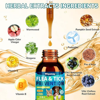 Woyamay 4-IN-1 Flea and Tick Prevention Drops for Dogs and Cats, Natural Cat & Dog Flea and Tick Treatment, Supports Flea Defense, Gut Health, Skin & Coat Nourishment, and Immune Support, Bacon Flavor